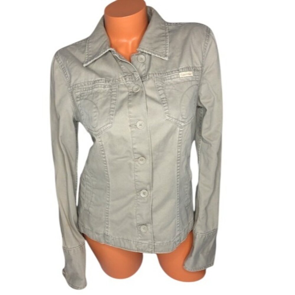 Calvin Klein Jeans Shirt Jacket Womens Taupe Button Up Twill Pocket Shacket Sz M